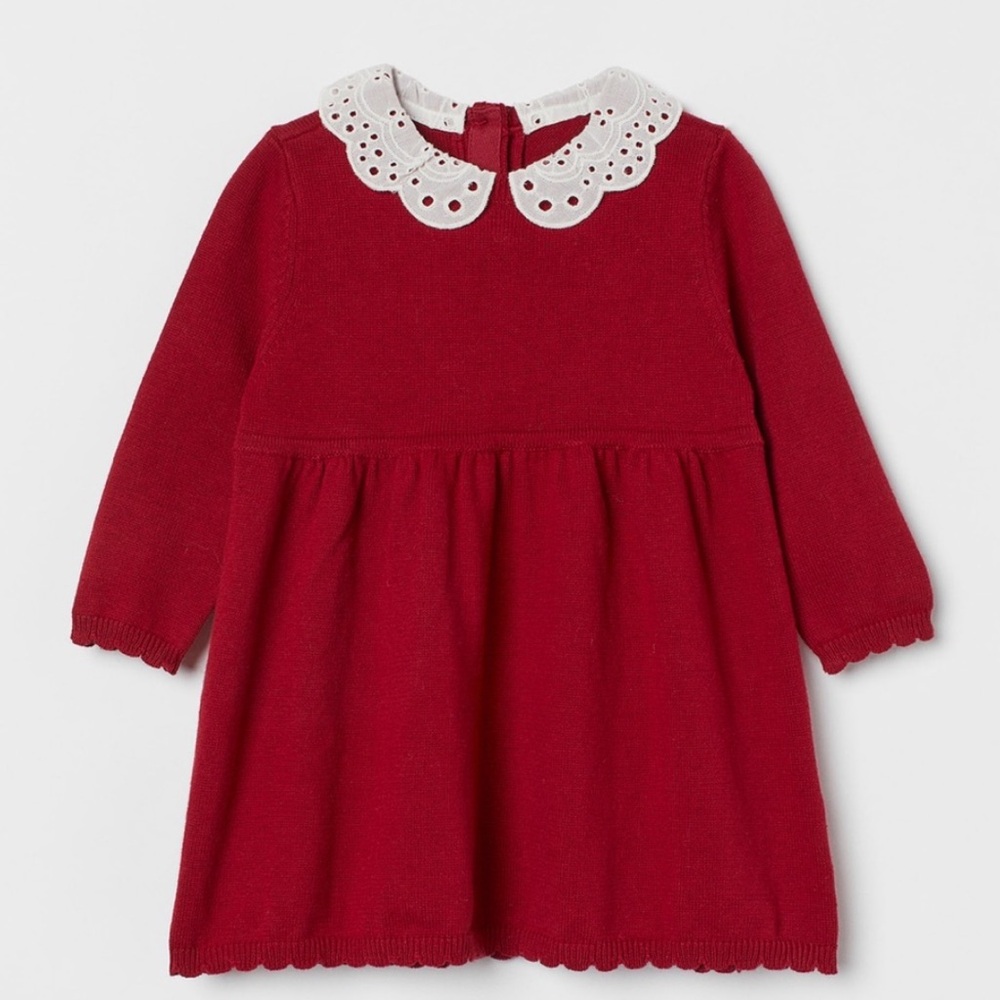 H&M Red Knit Toddler Girl Dress with White Lace Collar